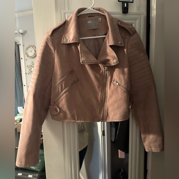 ASOS Suede Light Pink Cropped Moto Motorcycle Jacket Top Women 14 Large XL New - Picture 2 of 4